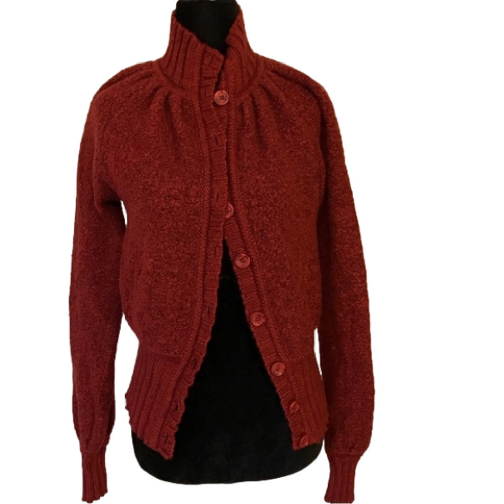 Moda International women’s cardigan sweater, size small.  Cranberry coloured.